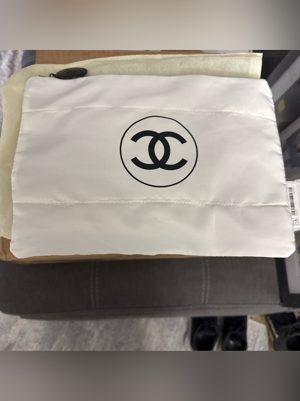 Chanel White Logo Quilted Makeup Bag